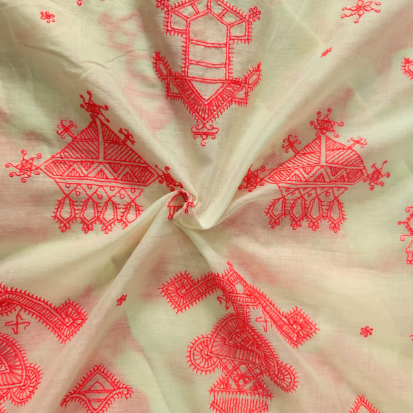 Pure Mul Cotton Cream With Pink Tribal Pushpak Vimaan Embroidered Fabric