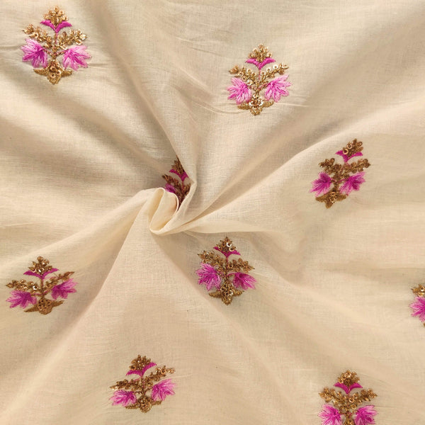 Pure Mul Cotton Cream With Purple  Flower Motif Embroidered  Fabric1