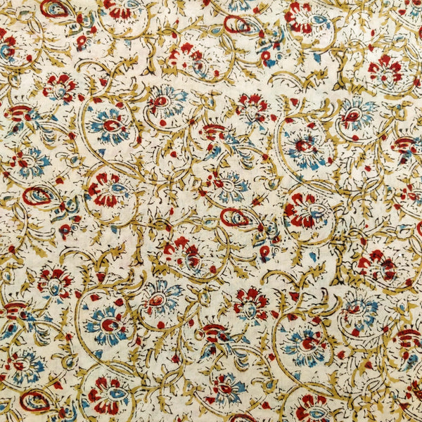 Pure Mul Cotton Cream With Red Blue Wild Flower Jaal Hand Block Print Fabric