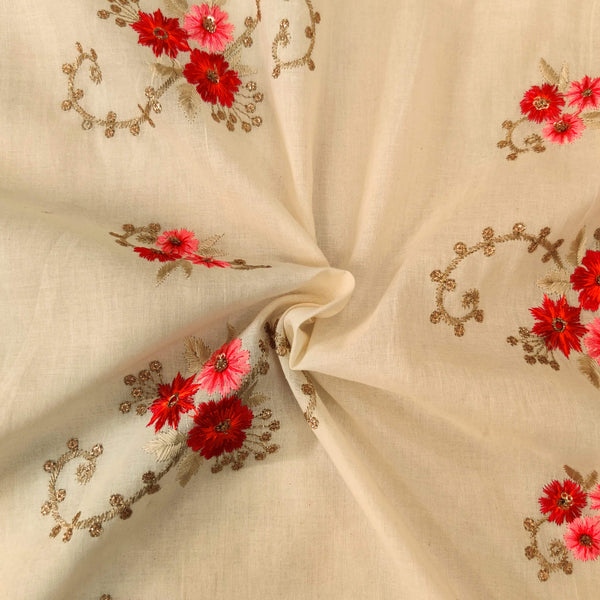 Pure Mul Cotton Cream With S shaped Flower Motif  Embroidered Fabric3