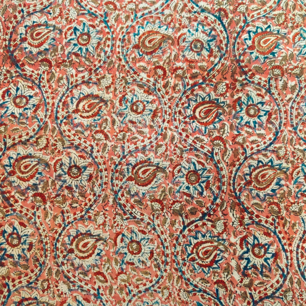 Pure Mul Cotton Earthy Pink With Blue  Red Floral Jaal Hand Block Print Fabric