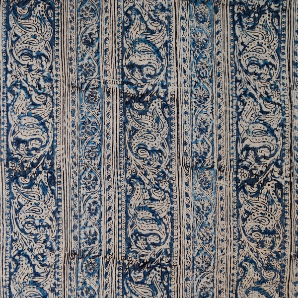 Pure Mul Cotton Extra Soft Kalamkari Indigo With Border Hand Block Print Fabric