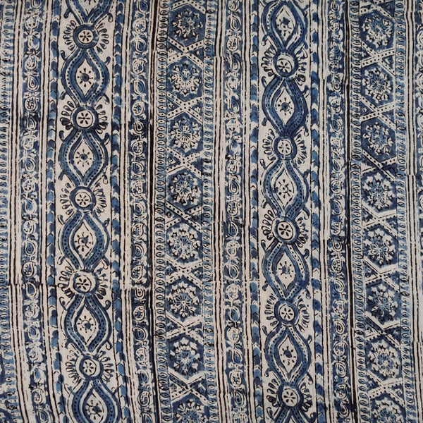 Pure Mul Cotton Extra Soft Kalamkari Indigo With Borders Hand Block Print Fabric