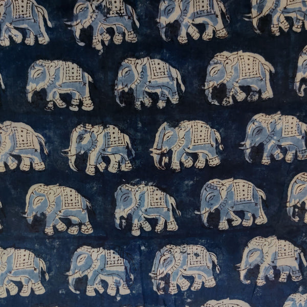 Pure Mul Cotton Extra Soft Kalamkari Indigo With Elephants Hand Block Print Fabric