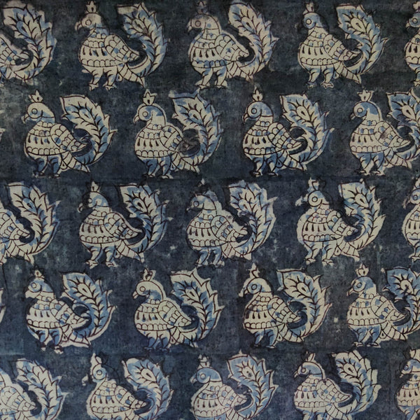 Pure Mul Cotton Extra Soft Kalamkari Indigo With Peacock Motif Hand Block Print Fabric