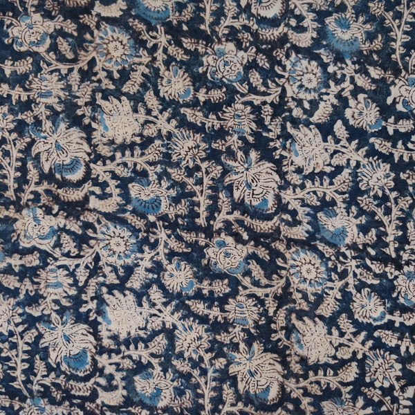 Pure Mul Cotton Extra Soft Kalamkari Indigo With Small Flower Jaal Hand Block Print Fabric