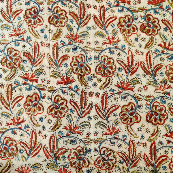 Pure Mul Cotton Kalamkari Cream With Red Blue Green Flower Jaal Hand Block Print Fabric