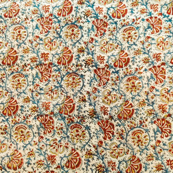 Pure Mul Cotton Kalamkari Cream With Red Blue Mustard Flower Jaal Hand Block Print Fabric