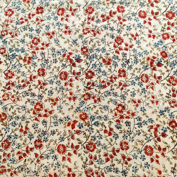 Pure Mul Cotton Kalamkari Cream With Red Blue Tiny Flower Jaal Hand Block Print Fabric