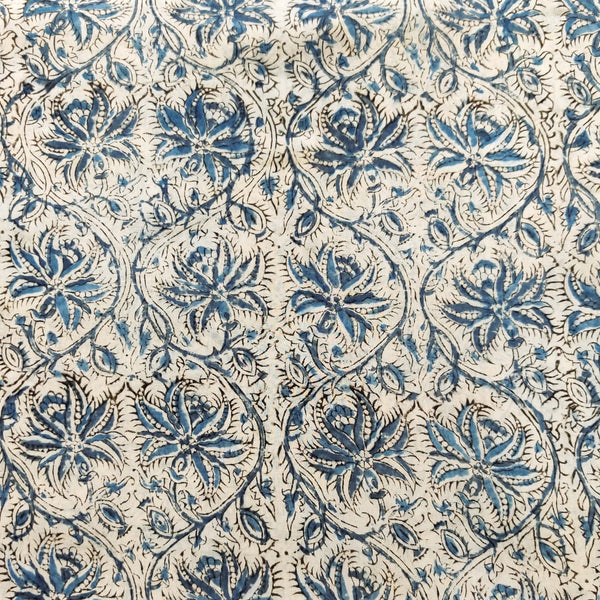 Pure Mul Cotton Off White With Blue Floral Creeper Jaal Hand Block Print Fabric