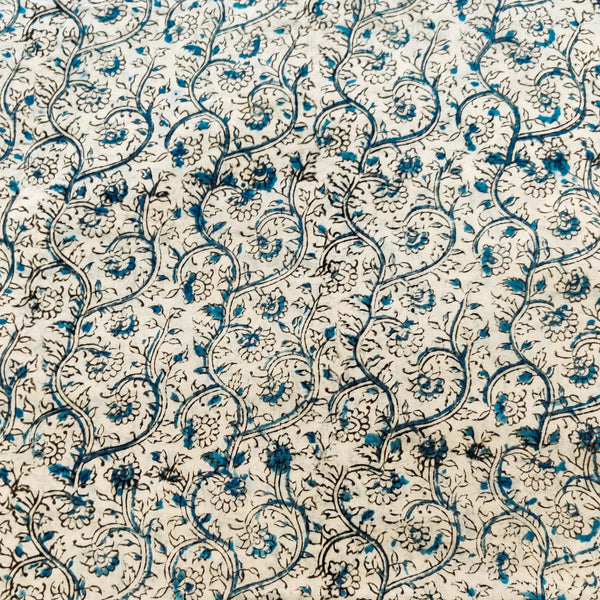 Pure Mul Cotton Off White With Blue Tiny Flower Jaal Hand Block Print Fabric