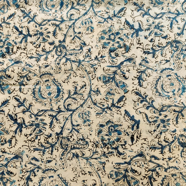 Pure Mul Cotton Off White With Blue Wild Flower Jaal Hand Block Print Fabric