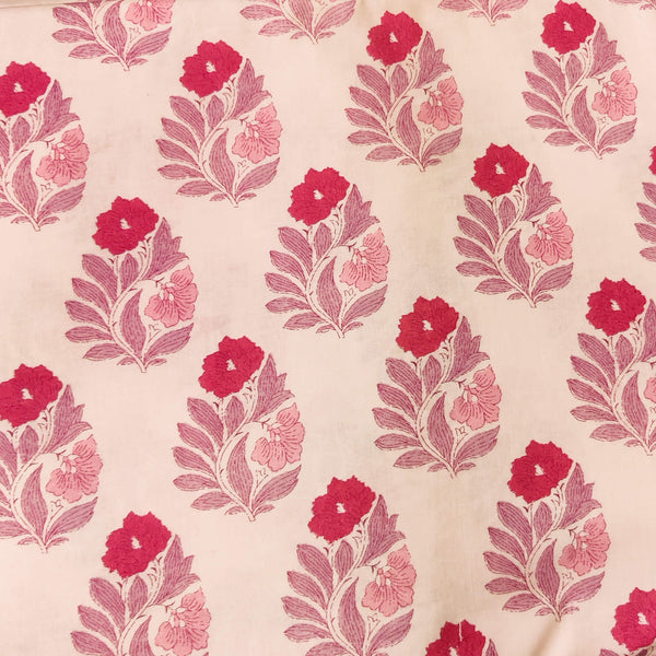 Pure Mul Cotton Pink Mughal Motif  Hand Block Print Fabric