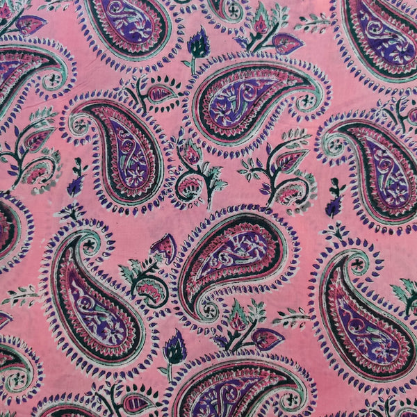 Pure Mul Cotton Pink With Kairi Jaal Hand Block Print Fabric