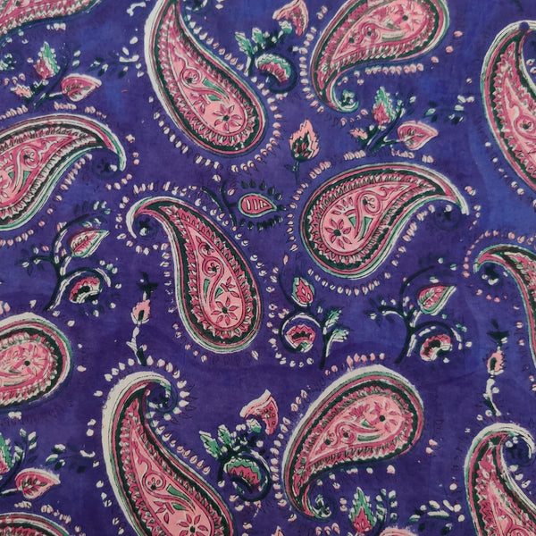 Pure Mul Cotton Purple With Kairi Jaal Hand Block Print Fabric-