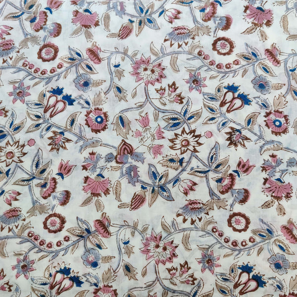 Pure Mul Cotton White With Multi Colour Jaal Hand Block Print Fabric