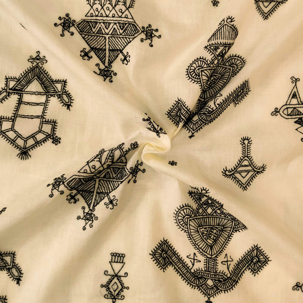 Pure Mul Cotton Yellow Cream With Black Tribal Pushpak Vimaan Embroidered Fabric