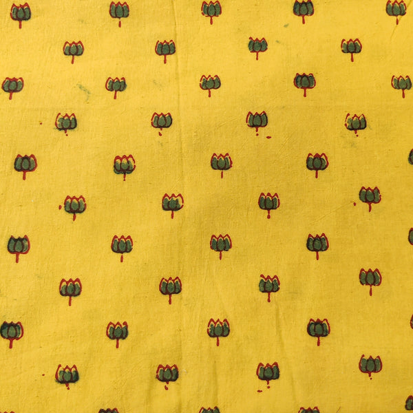 Pure Natural Ajrak Sandy Yellow With Green Lotus Hand Block Print Fabric