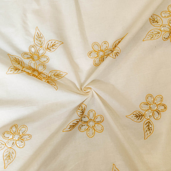 Pure Organic Cotton Cream With Sequence And Beige Thread Flower Motifs