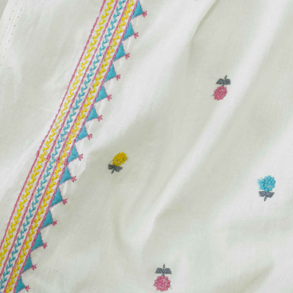 Pure Soft Cotton Cream With Multi Flower Motifs And A Beautiful Tribal Border Embroidered Fabric