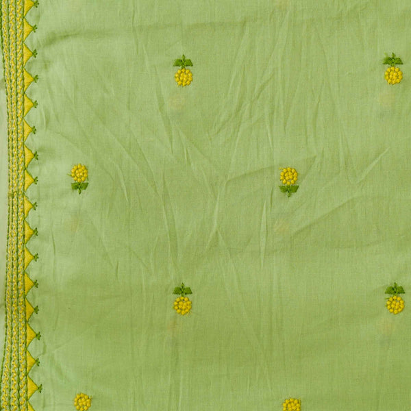 Pure Soft Cotton Pastel Green With Yellow Flower Motifs And A Beautiful Tribal Border Embroidered Fabric