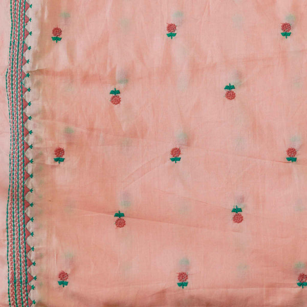 Pure Soft Cotton Peach With Flower Motifs And A Beautiful Tribal Border Embroidered Fabric