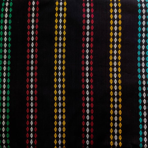 Pure South Cotton  Black With Multi Colour Plus Stripes Woven Fabric