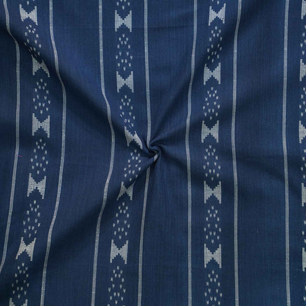 Pure South Cotton Blue Handloom With Facing Triangles Border Stripes Woven Fabric