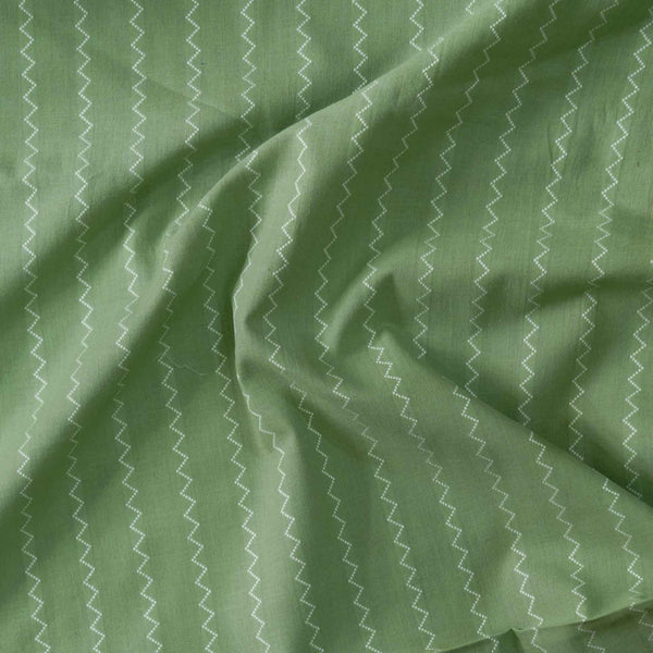 Pure South Cotton Handloom Pastel Green With Cream Woven Zig Zag Stripes Woven Fabric