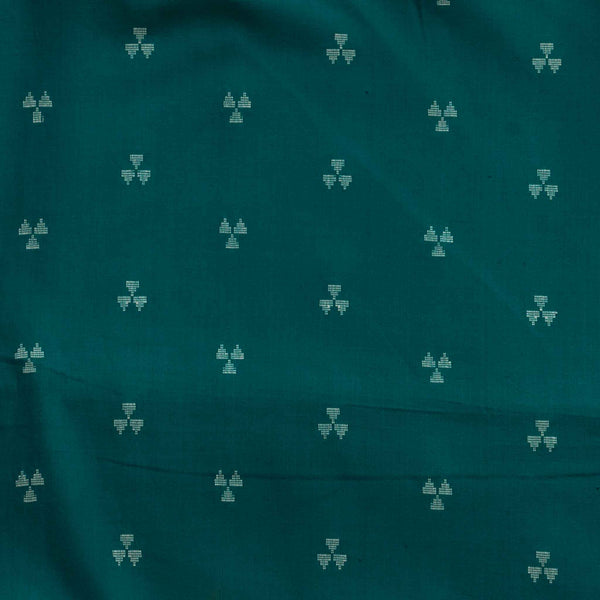 Pure South Cotton Handloom Teal Green With Cream Woven Three Triangle Motifs Woven Fabric