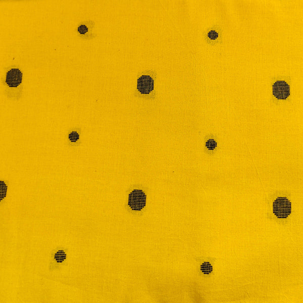 Pure South Cotton Mustard With Black Multi Size Polka Woven Fabric