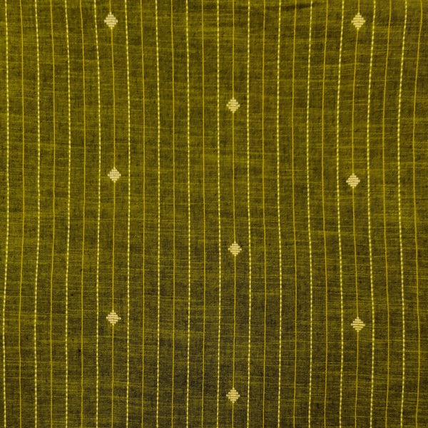 Pure South Cotton Olive With Zari And Thread Stripes And Tiny Diamond Motifs Woven Fabric