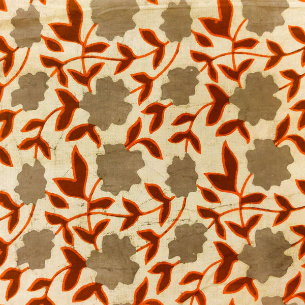 Pure Cotton Kashish With Grey And Orange Flower Jaal Hand Block Print Blouse Fabric ( 1 Metre )