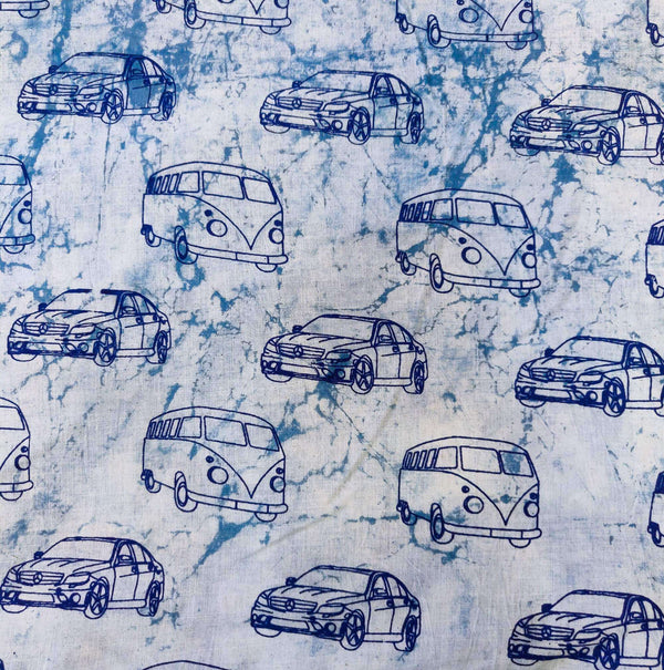 Pure Cotton Light Indigo With Dark Indigo Cars Hand Block Print Blouse Fabric ( 1.25 Metre )