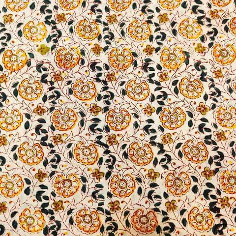 Pure Cotton White With Yellow Marigold Flowers Hand Block Print Blouse Fabric (1.25 Metres )