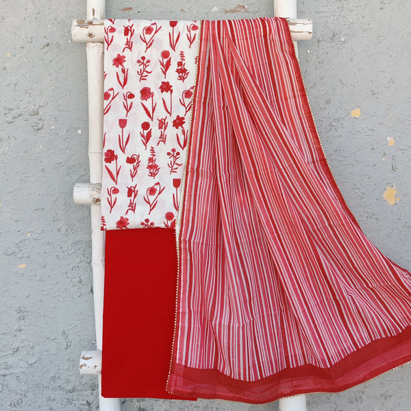 RADHIKA - Pure Cotton Red Flowers Printed Top Fabric With Plain Indigo Bottom And A Pure Cotton Dupatta