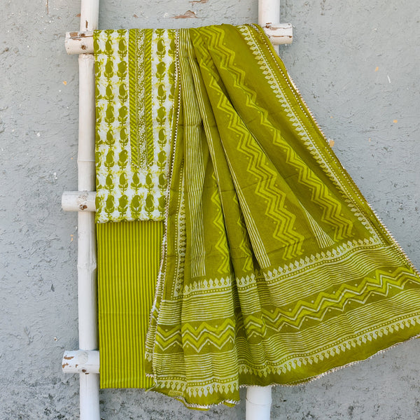 RADHIKA - Pure Cotton Simple Printed Top Faric With Stripes Bottom And Cotton Printed Dupatta