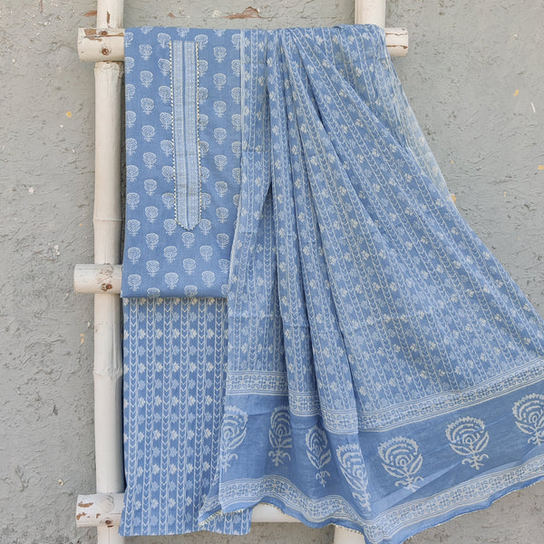 RADHIKA - Pure Cotton Simple Printed Top Faric With Stripes Bottom And Cotton Printed Dupatta Blue