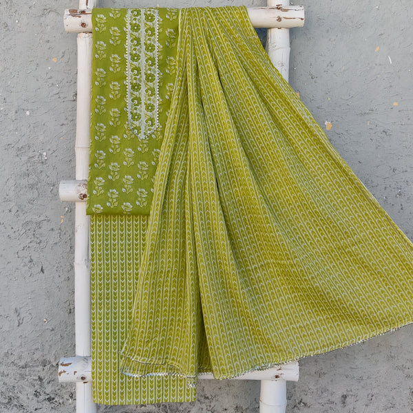 RADHIKA - Pure Cotton Simple Printed Top Faric With Stripes Bottom And Cotton Printed Dupatta Light Green