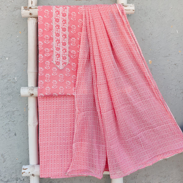 RADHIKA - Pure Cotton Simple Printed Top Faric With Stripes Bottom And Cotton Printed Dupatta Pink