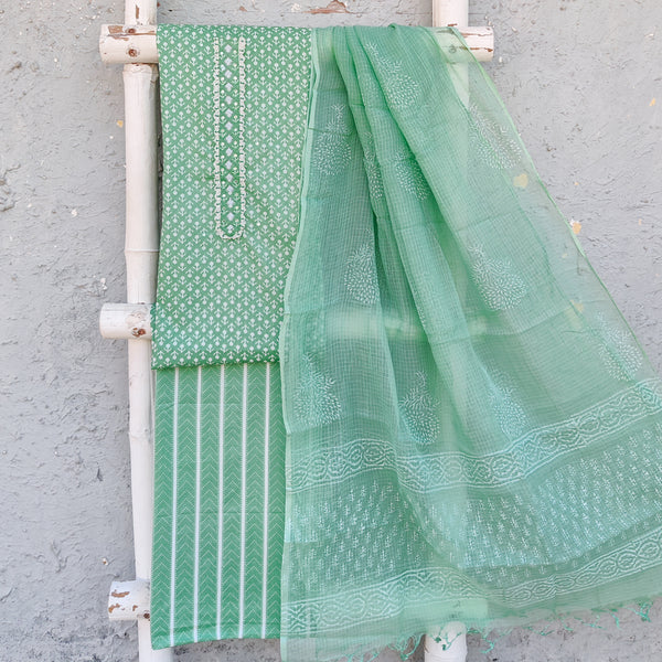 RANI - Pure Cotton Green Top Fabric With Pure Cotton Printed Stripes Bottom And A Pure Cotton Kota Doriy Dupatta