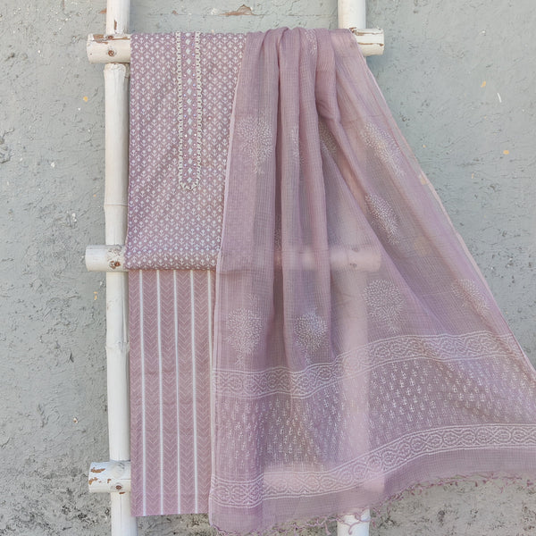 RANI - Pure Cotton Mauve Top Fabric With Pure Cotton Printed Stripes Bottom And A Pure Cotton Kota Doriy Dupatta