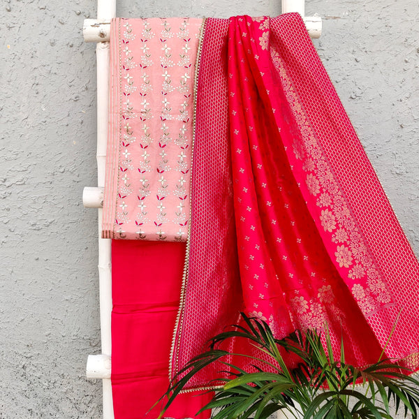 RANISA - Baby Pink Cotton Silk Top Fabric With All Over Embroidery Paired With A Pink Bottom And A Beautiful Heavy Banarasi Dupatta