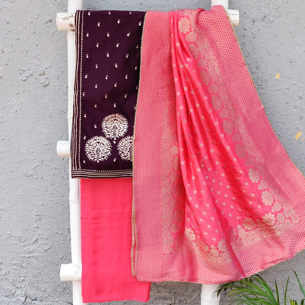 RANISA-Brinjal Purple Cotton Silk Gota Embroidered  Top With a Rayon Pink Bottom And a Banarasi Brocade Pink Dupatta