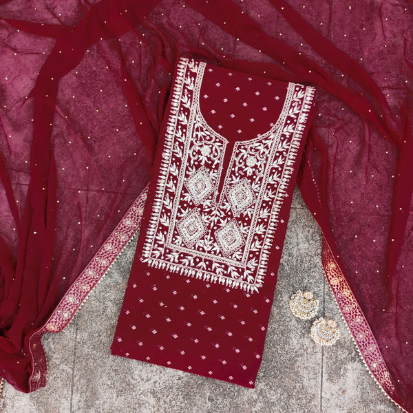 RANISA - Brocade  Maroon Fabric With A Beautiful Embroidered Yoke With A Gorgeous Chiffon Detailed Dupatta