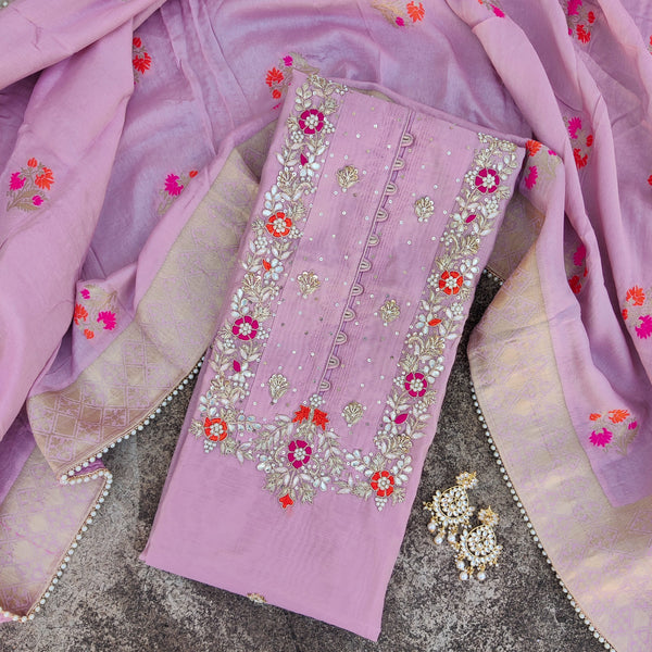 RANISA - Chanderi Mauve With Zardozi And Self Design Embroidery Top With A Brocade Flowy Dupatta And A Plain Rayon Bottom