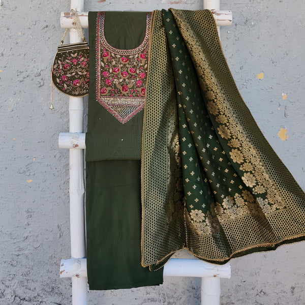 RANISA - Cotton Silk Green Heavy Embroidered Yoke Top Fabric With Plain Bottom And A Heavy Brocade Dupatta And A Heavy Embroidered Potli Purse