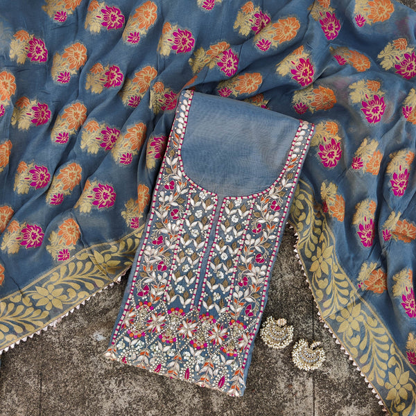 RANISA - Grey Chanderi Top With A Beautiful Embroidered Yoke And A Gorgeous Brocade Flowy Dupatta With A Plain Rayon Bottom