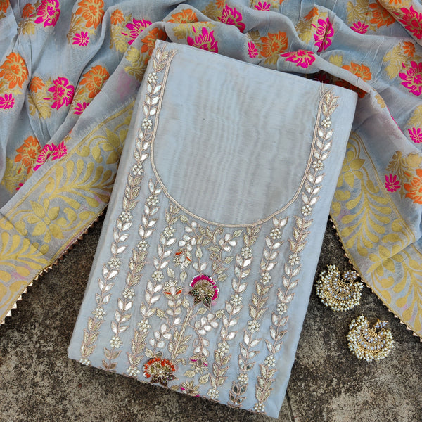 RANISA - Light Grey Chanderi Top With A Beautiful Embroidered Yoke And A Gorgeous Brocade Flowy Dupatta And A Plain Rayon Bottom