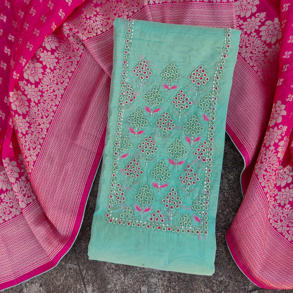 RANISA - Mint Chanderi Top With A Beautiful Embroidered Yoke A Gorgeous Brocade Dupatta And A Plain Rayon Bottom